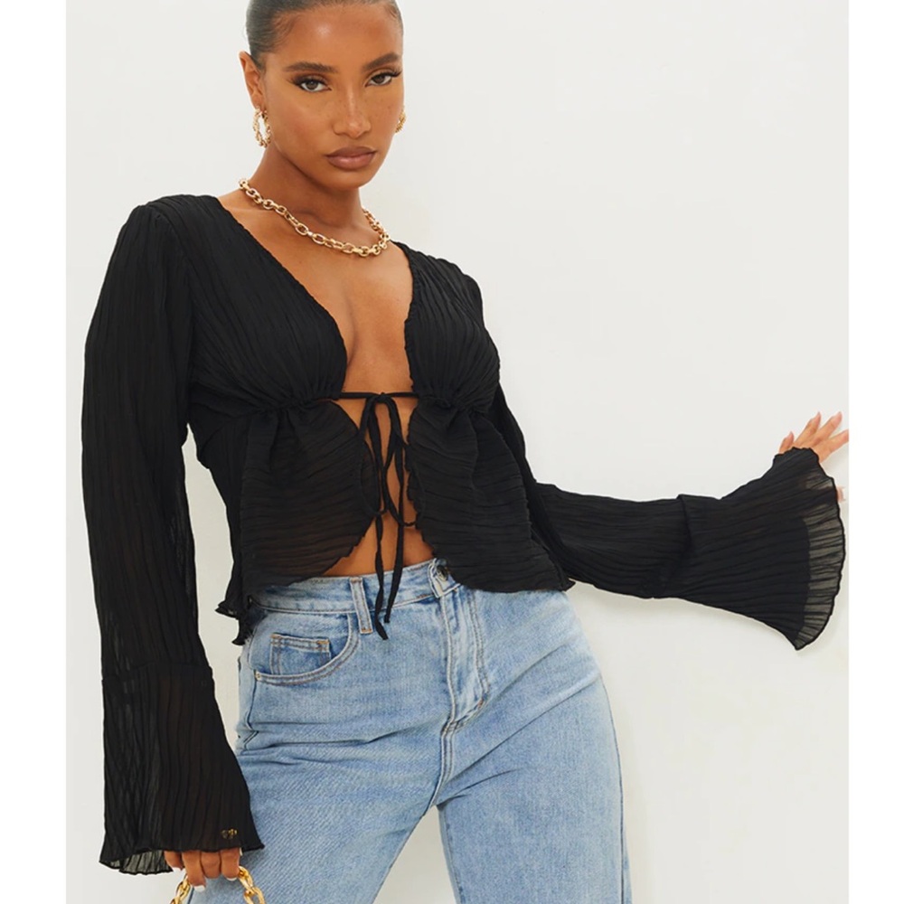 PrettyLittleThing Black Bell Sleeve Tie Front Blouse